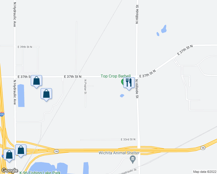 map of restaurants, bars, coffee shops, grocery stores, and more near 2815 East 37th Street North in Wichita