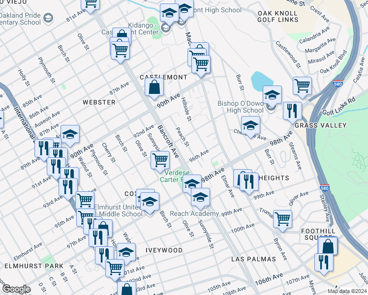 map of restaurants, bars, coffee shops, grocery stores, and more near 9500 Bancroft Avenue in Oakland