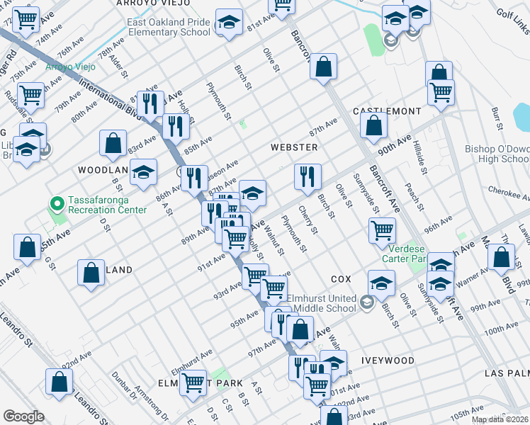 map of restaurants, bars, coffee shops, grocery stores, and more near 1602 90th Avenue in Oakland