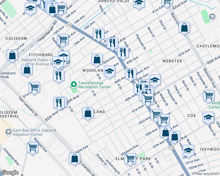 map of restaurants, bars, coffee shops, grocery stores, and more near 8626 B Street in Oakland