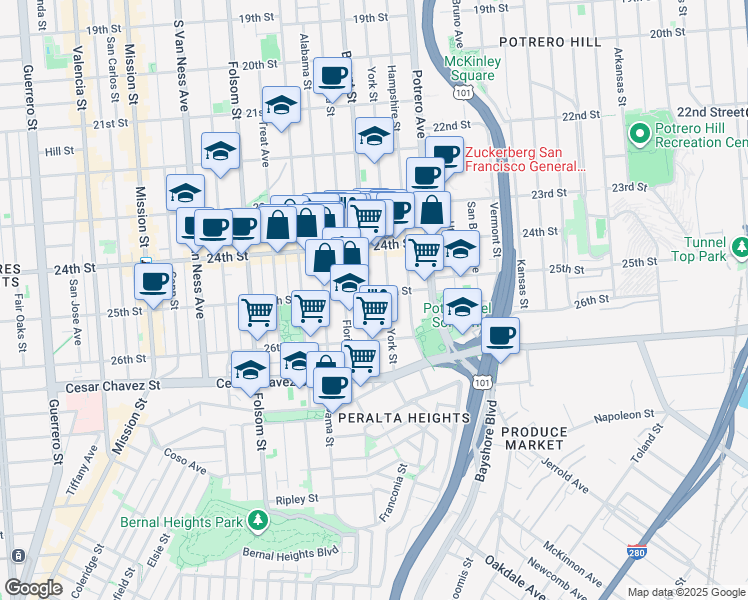map of restaurants, bars, coffee shops, grocery stores, and more near 2918 26th Street in San Francisco