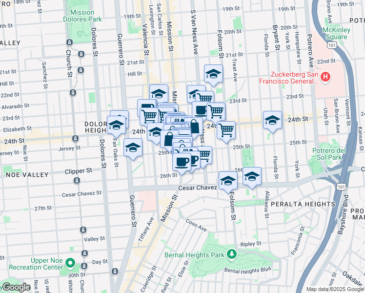 map of restaurants, bars, coffee shops, grocery stores, and more near 2901 Mission Street in San Francisco