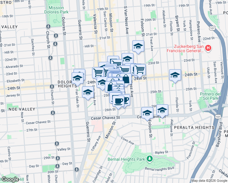 map of restaurants, bars, coffee shops, grocery stores, and more near 2901 Mission Street in San Francisco