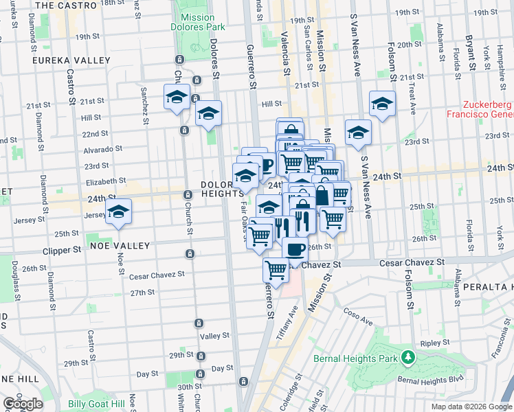 map of restaurants, bars, coffee shops, grocery stores, and more near 1295 Guerrero Street in San Francisco