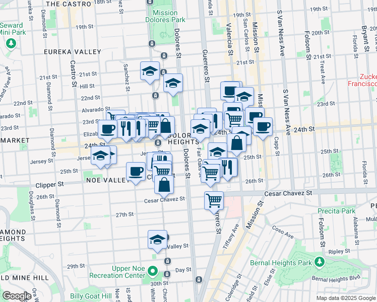 map of restaurants, bars, coffee shops, grocery stores, and more near 1180 Dolores Street in San Francisco