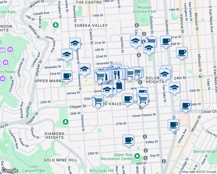 map of restaurants, bars, coffee shops, grocery stores, and more near 293 Jersey Street in San Francisco