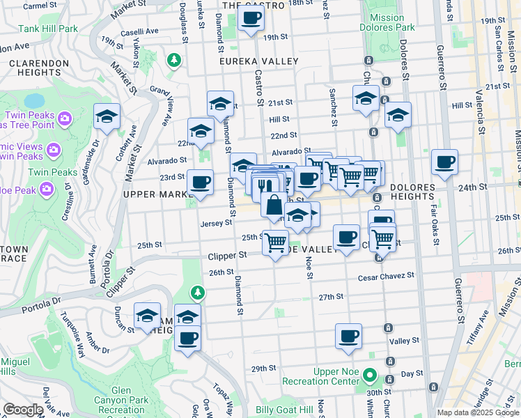 map of restaurants, bars, coffee shops, grocery stores, and more near 406 Jersey Street in San Francisco