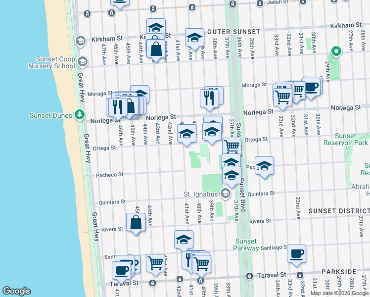 map of restaurants, bars, coffee shops, grocery stores, and more near 1942 42nd Avenue in San Francisco