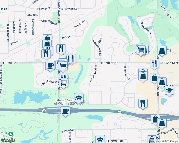 map of restaurants, bars, coffee shops, grocery stores, and more near 3737 North Rushwood Street in Wichita