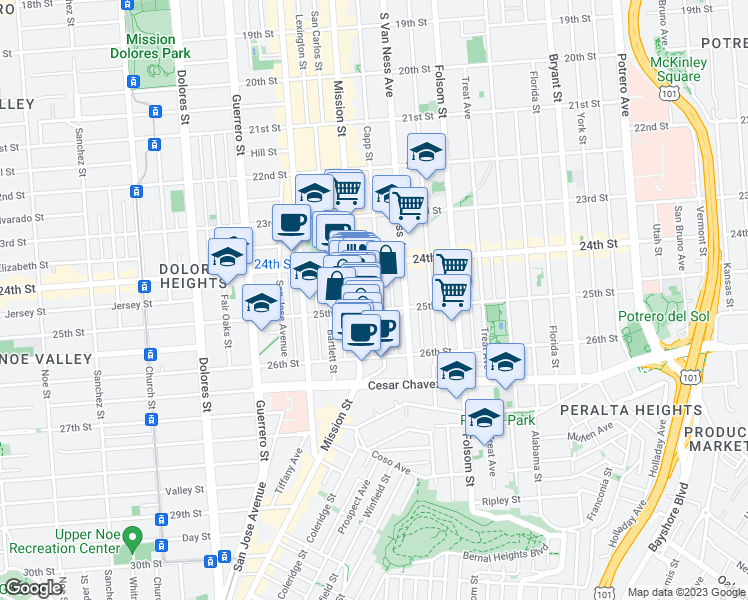 map of restaurants, bars, coffee shops, grocery stores, and more near 2901 Mission Street in San Francisco