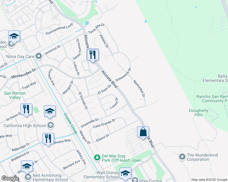 map of restaurants, bars, coffee shops, grocery stores, and more near 3379 Loreto Drive in San Ramon