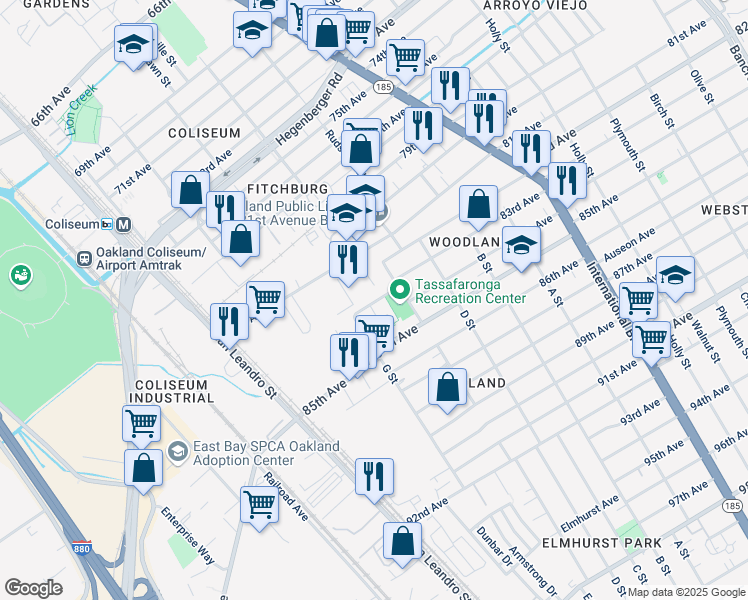map of restaurants, bars, coffee shops, grocery stores, and more near 975 83rd Avenue in Oakland