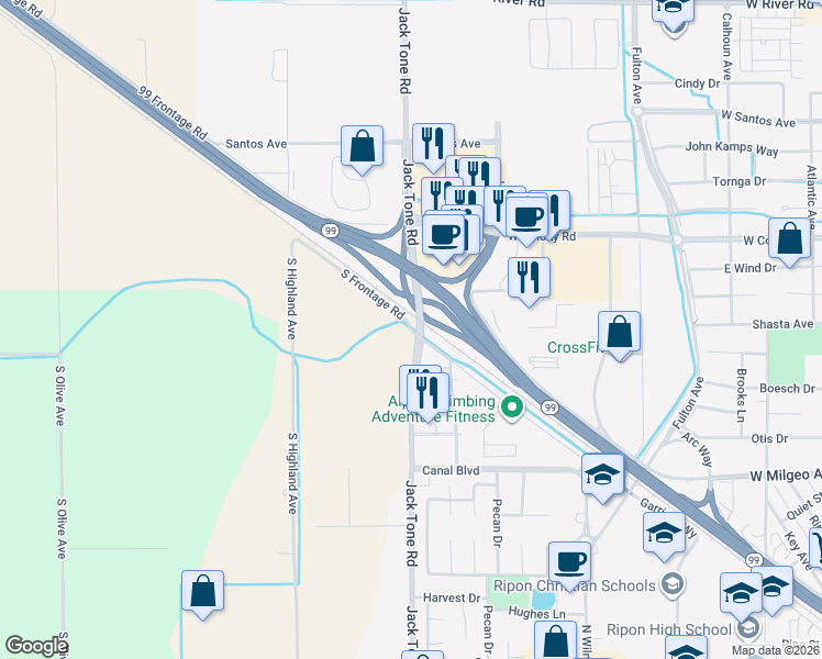 map of restaurants, bars, coffee shops, grocery stores, and more near South 99 Frontage Road in Ripon