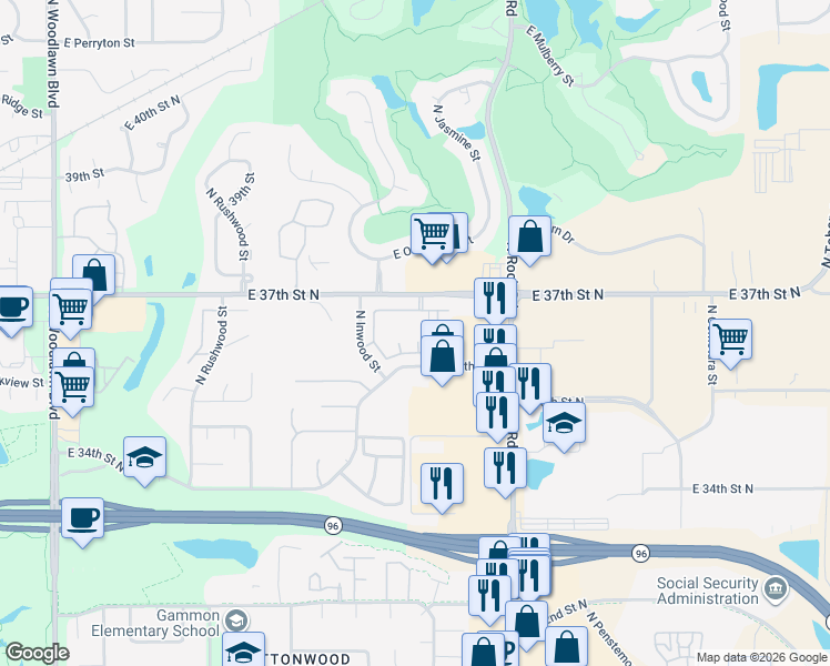 map of restaurants, bars, coffee shops, grocery stores, and more near 7627 East 37th Street North in Wichita