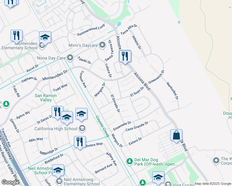 map of restaurants, bars, coffee shops, grocery stores, and more near 3239 El Suyo Drive in San Ramon