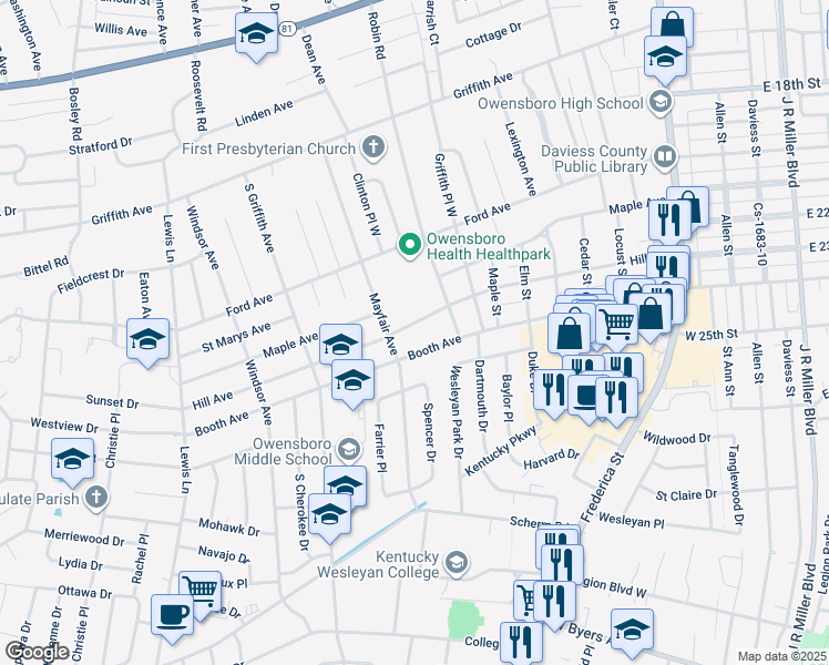 map of restaurants, bars, coffee shops, grocery stores, and more near 1109 Booth Avenue in Owensboro