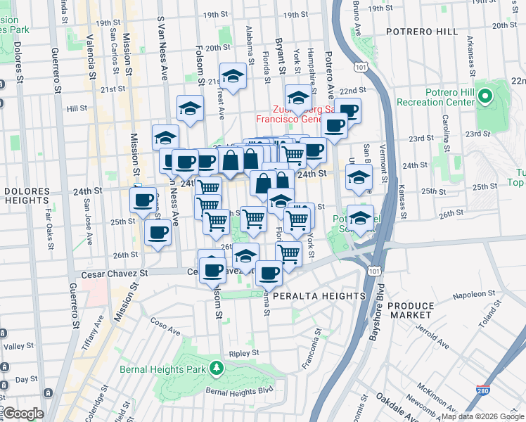 map of restaurants, bars, coffee shops, grocery stores, and more near 25th St & Alabama St in San Francisco