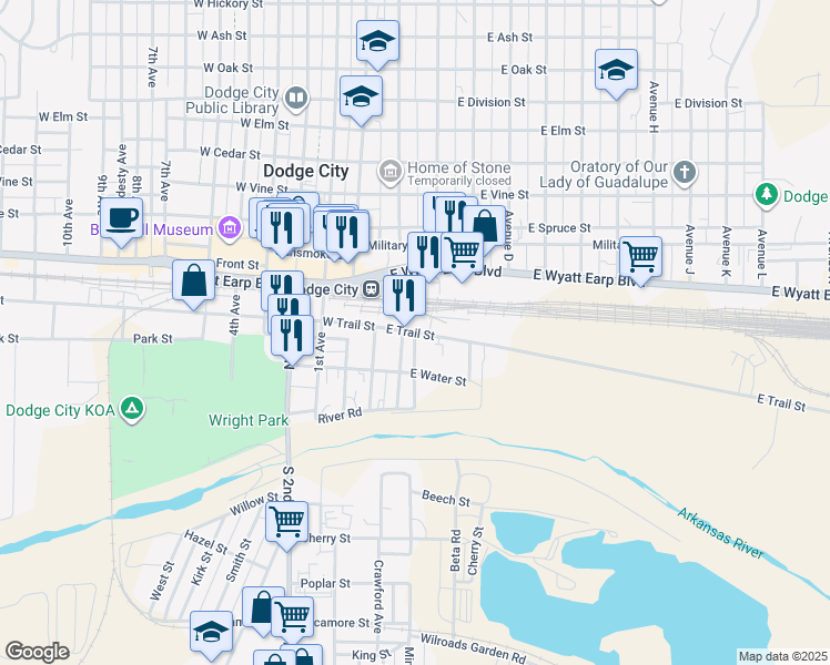 map of restaurants, bars, coffee shops, grocery stores, and more near River Road in Dodge City