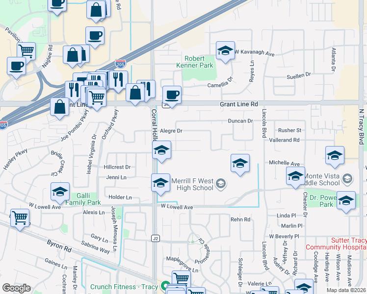 map of restaurants, bars, coffee shops, grocery stores, and more near 1850 Mcpeak Court in Tracy
