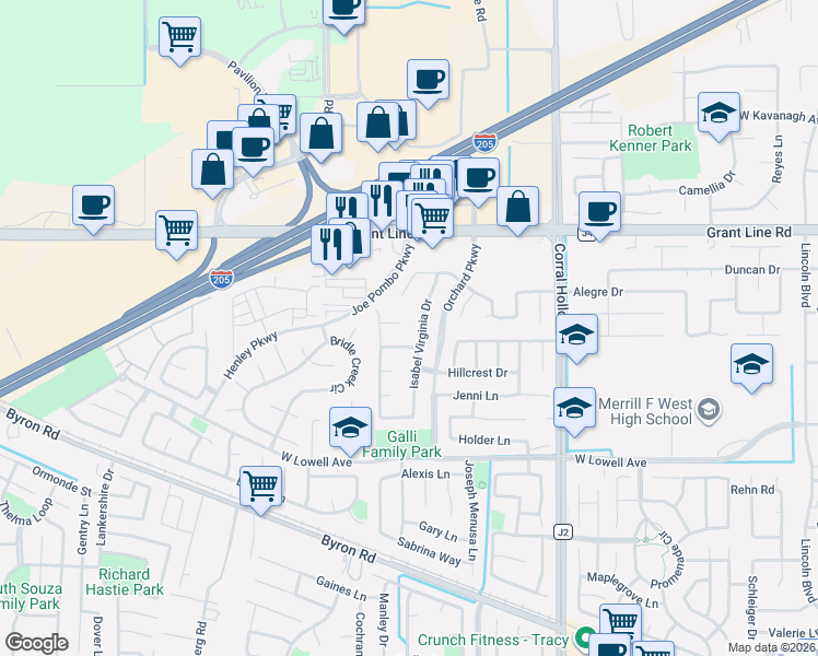 map of restaurants, bars, coffee shops, grocery stores, and more near 2346 La Mesa Drive in Tracy