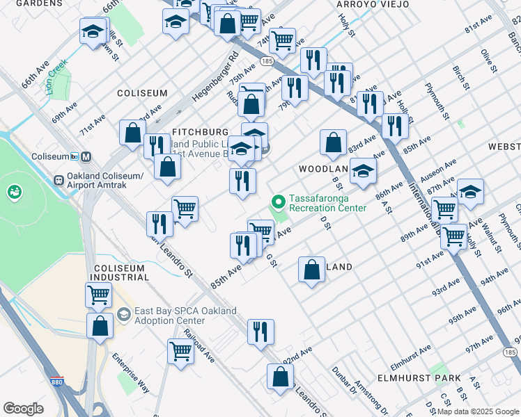 map of restaurants, bars, coffee shops, grocery stores, and more near 935 84th Avenue in Oakland