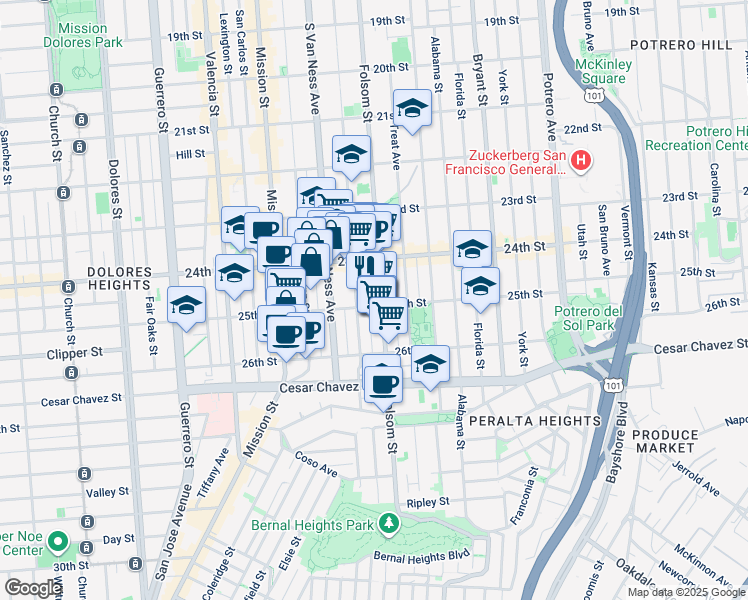 map of restaurants, bars, coffee shops, grocery stores, and more near 1118 Shotwell Street in San Francisco