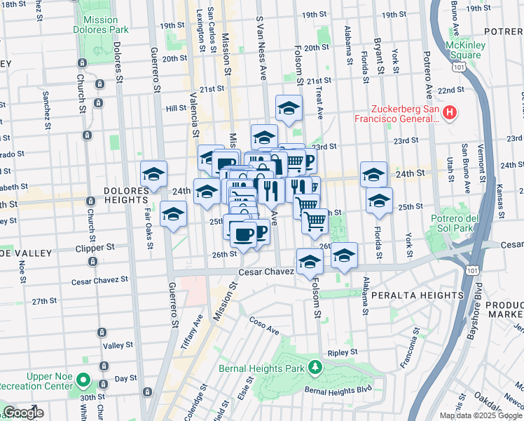 map of restaurants, bars, coffee shops, grocery stores, and more near 107 Cypress Street in San Francisco