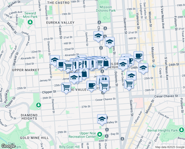 map of restaurants, bars, coffee shops, grocery stores, and more near 406 Vicksburg Street in San Francisco