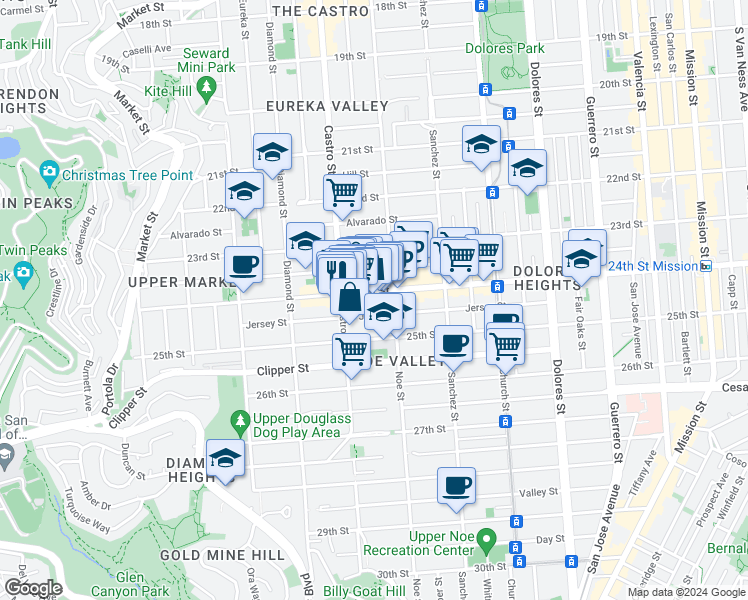 map of restaurants, bars, coffee shops, grocery stores, and more near 1303 Castro Street in San Francisco