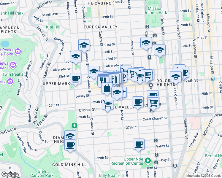 map of restaurants, bars, coffee shops, grocery stores, and more near 1303 Castro Street in San Francisco