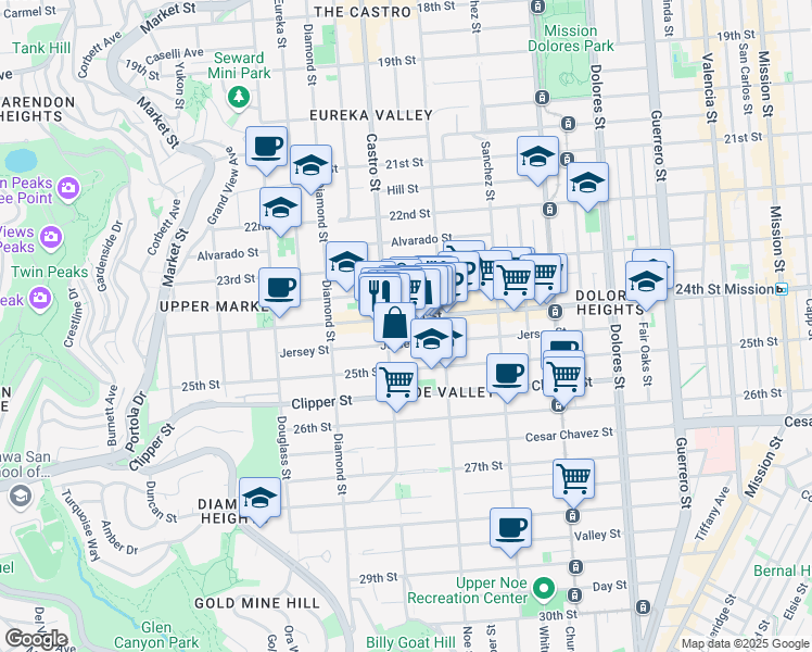 map of restaurants, bars, coffee shops, grocery stores, and more near 1303 Castro Street in San Francisco