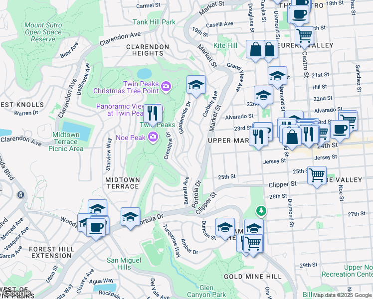 map of restaurants, bars, coffee shops, grocery stores, and more near 12 Perego Terrace in San Francisco