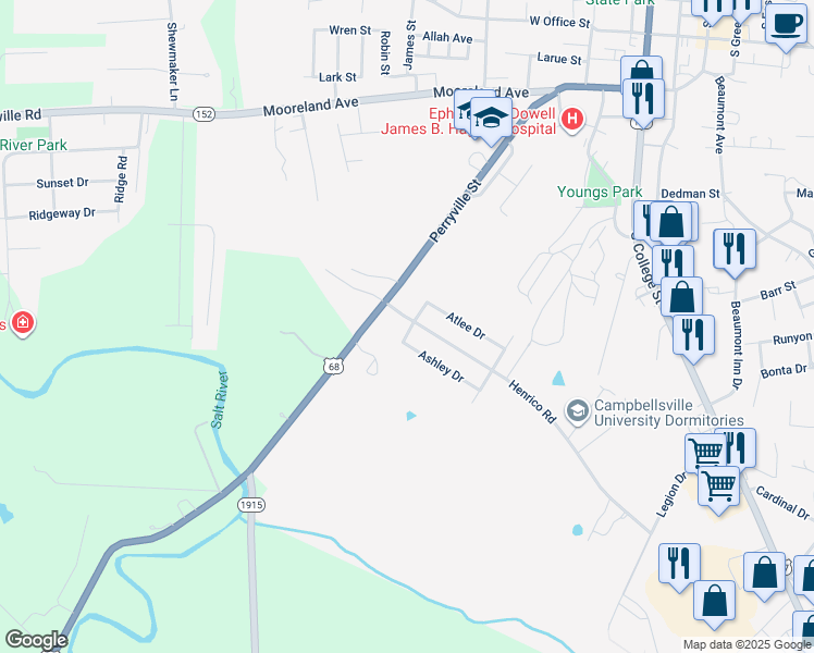 map of restaurants, bars, coffee shops, grocery stores, and more near 517 Ashley Drive in Harrodsburg