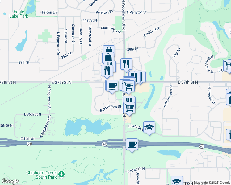 map of restaurants, bars, coffee shops, grocery stores, and more near 3641 North Woodlawn Boulevard in Wichita