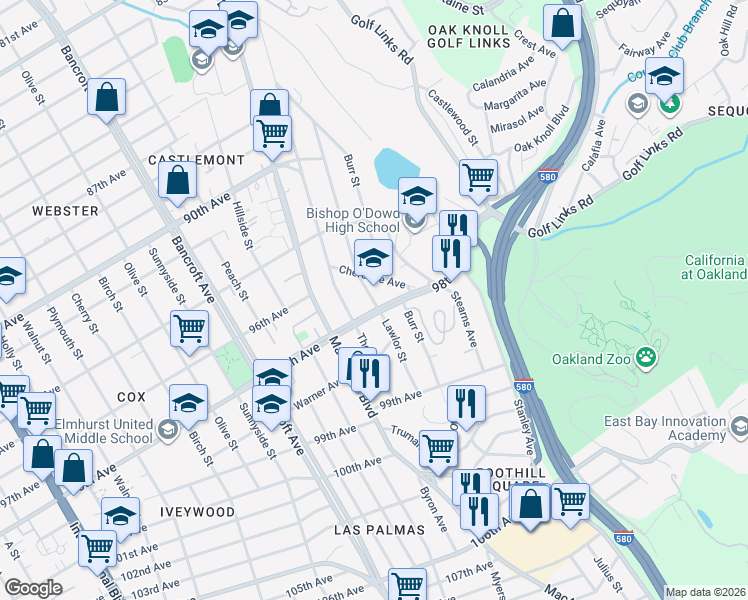 map of restaurants, bars, coffee shops, grocery stores, and more near 2530 98th Avenue in Oakland
