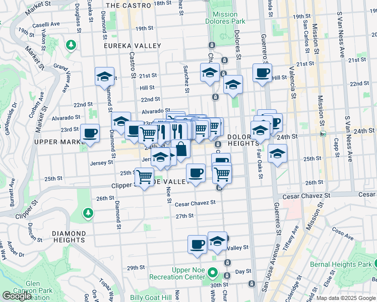 map of restaurants, bars, coffee shops, grocery stores, and more near 207 Jersey Street in San Francisco