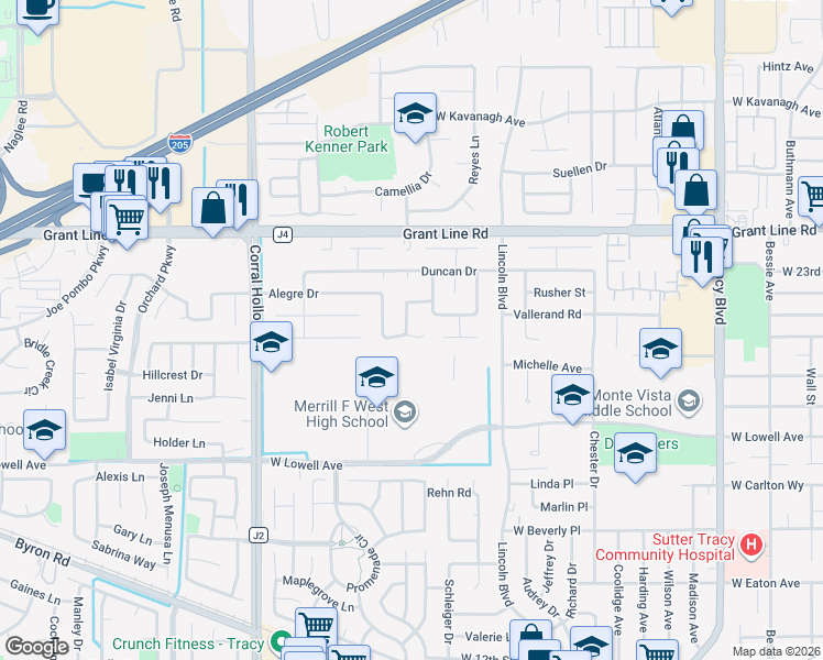 map of restaurants, bars, coffee shops, grocery stores, and more near 1680 Etta Way in Tracy