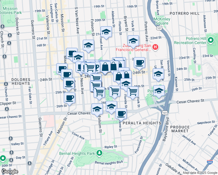 map of restaurants, bars, coffee shops, grocery stores, and more near 3120 25th Street in San Francisco