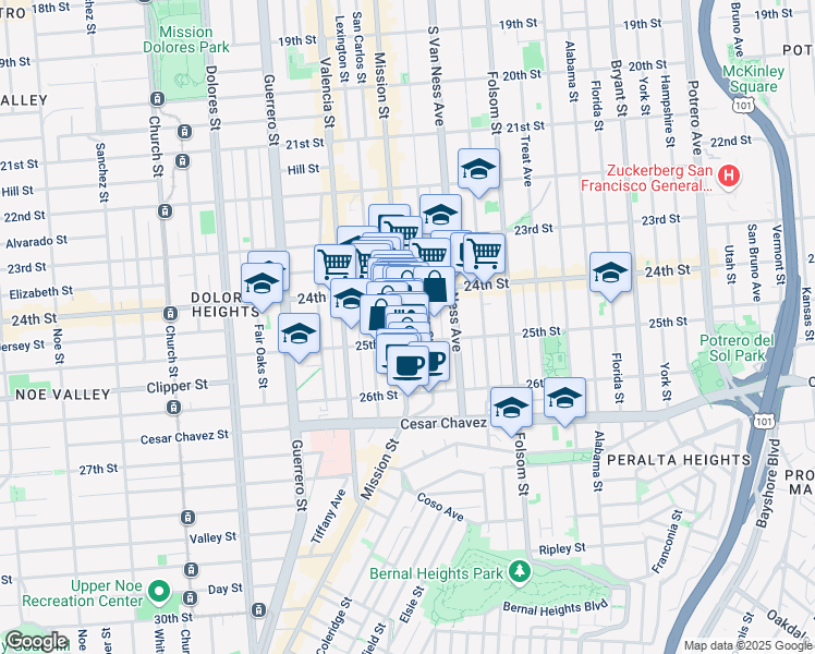 map of restaurants, bars, coffee shops, grocery stores, and more near 2901 Mission Street in San Francisco