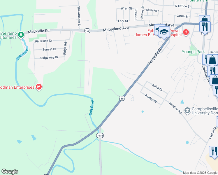 map of restaurants, bars, coffee shops, grocery stores, and more near 800 Perryville Road in Harrodsburg