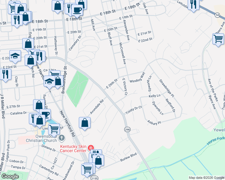 map of restaurants, bars, coffee shops, grocery stores, and more near 2701-2729 Highway 298 in Owensboro