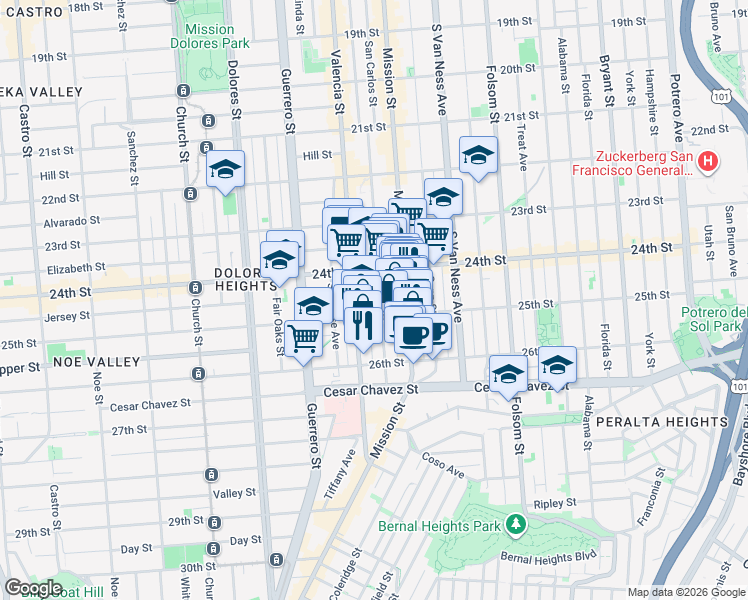 map of restaurants, bars, coffee shops, grocery stores, and more near 370 Bartlett Street in San Francisco