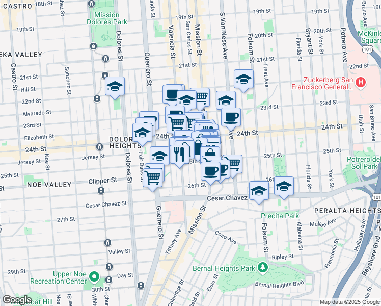 map of restaurants, bars, coffee shops, grocery stores, and more near 370 Bartlett Street in San Francisco