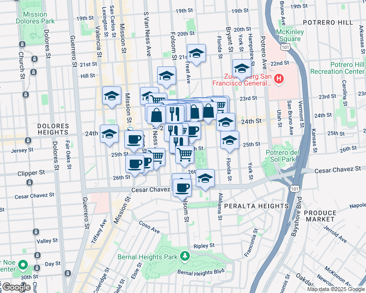 map of restaurants, bars, coffee shops, grocery stores, and more near 2893 Folsom Street in San Francisco