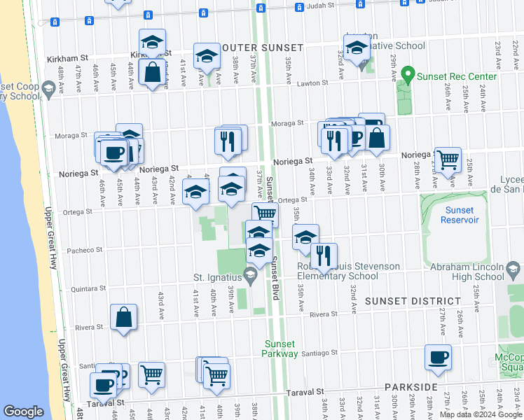 map of restaurants, bars, coffee shops, grocery stores, and more near 524 37th Avenue in San Francisco