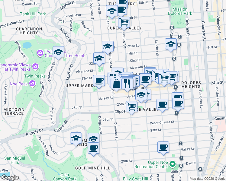 map of restaurants, bars, coffee shops, grocery stores, and more near 24th St & Diamond St in San Francisco