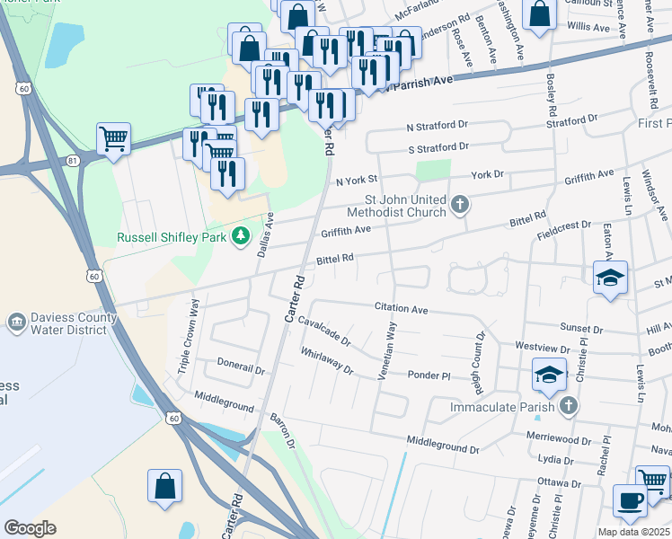 map of restaurants, bars, coffee shops, grocery stores, and more near 1913 Tomy Lee Court in Owensboro