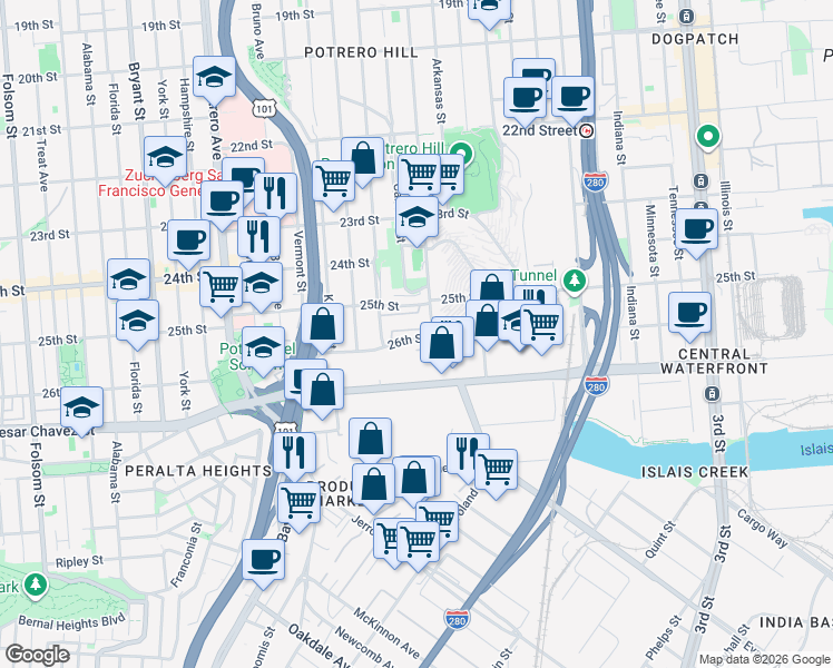 map of restaurants, bars, coffee shops, grocery stores, and more near 1218 Connecticut Street in San Francisco