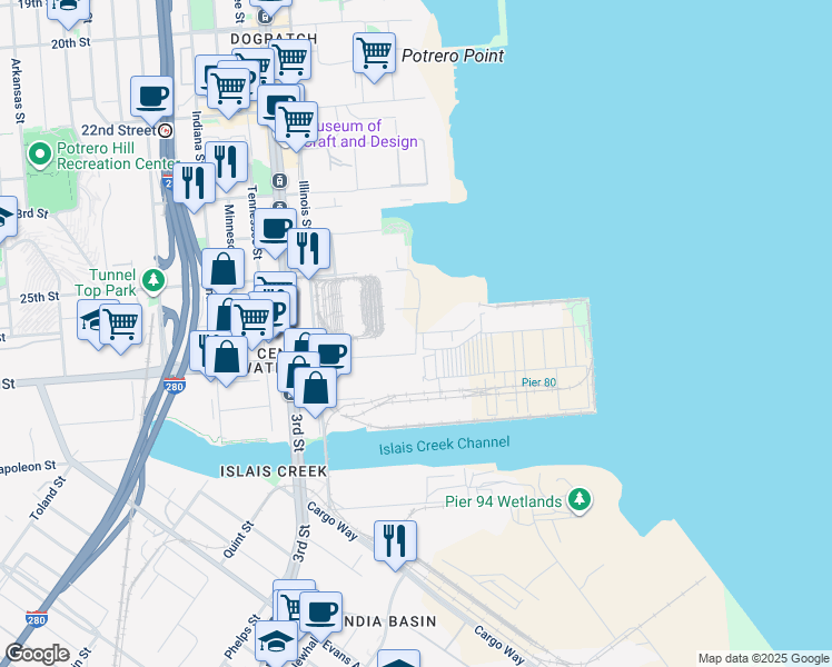 map of restaurants, bars, coffee shops, grocery stores, and more near Maryland Street in San Francisco