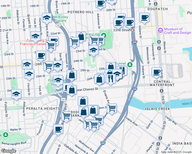 map of restaurants, bars, coffee shops, grocery stores, and more near 1218 Connecticut Street in San Francisco